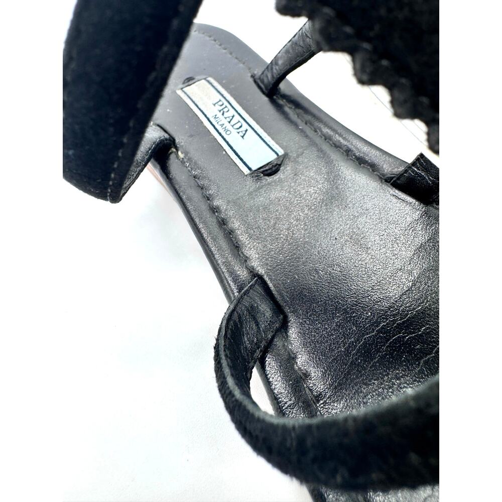 Prada Black Leather T Strap Flat Sandals Ruffled Trim Ankle Buckle EU 38 - Picture 4 of 12